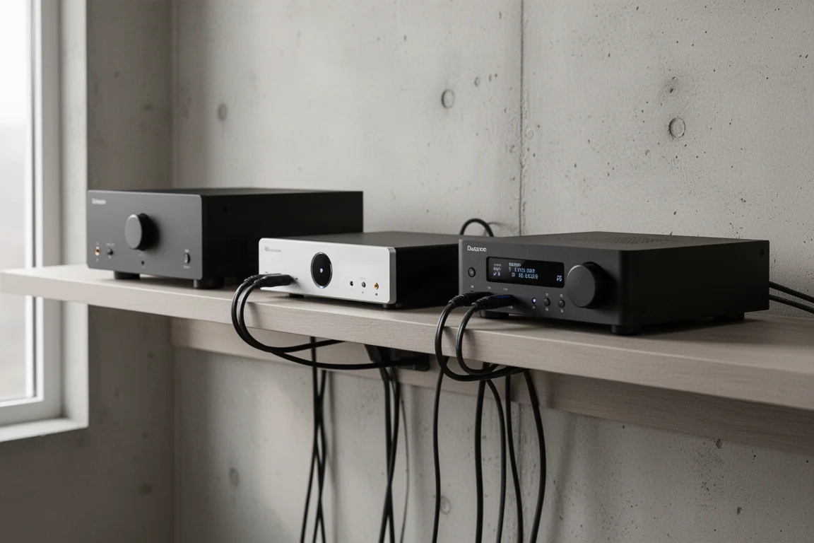 Rack of separate DAC and streamer components with neatly routed cables