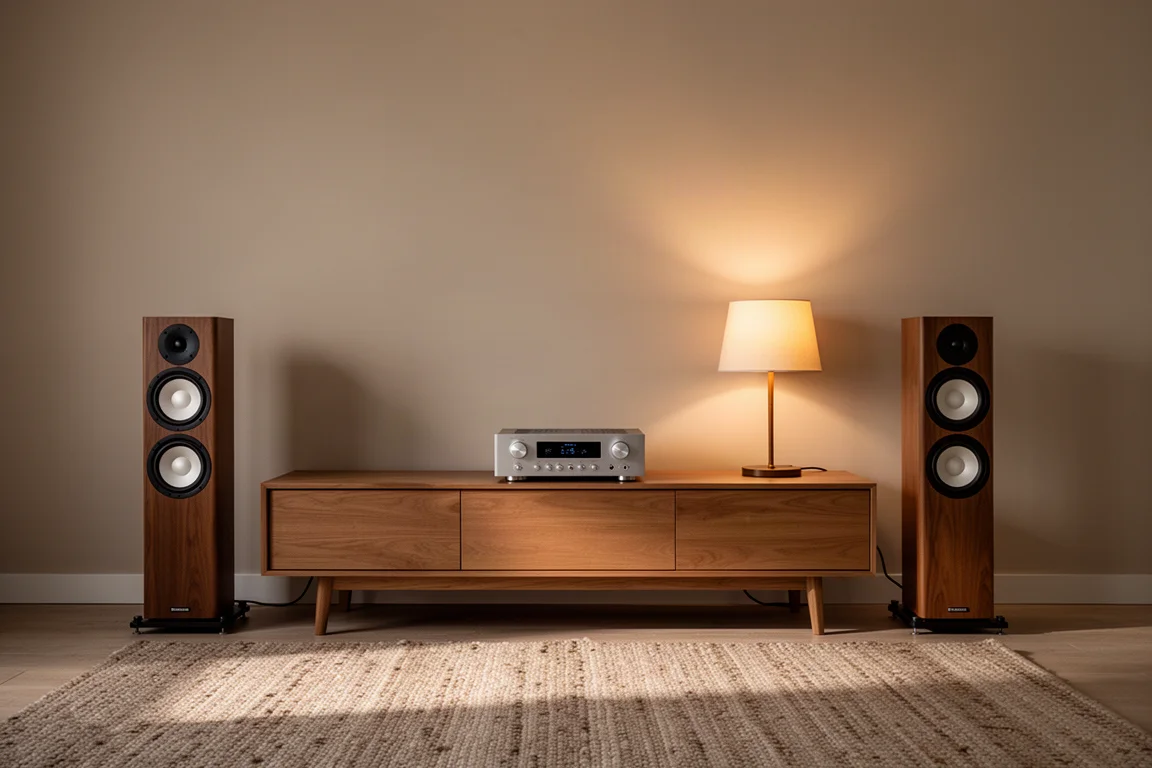 Floorstanding speakers in a softly lit living room in the evening