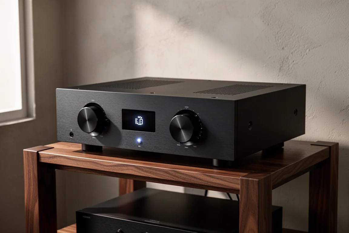 Matte black integrated amplifier with two front dials on a walnut hi-fi rack