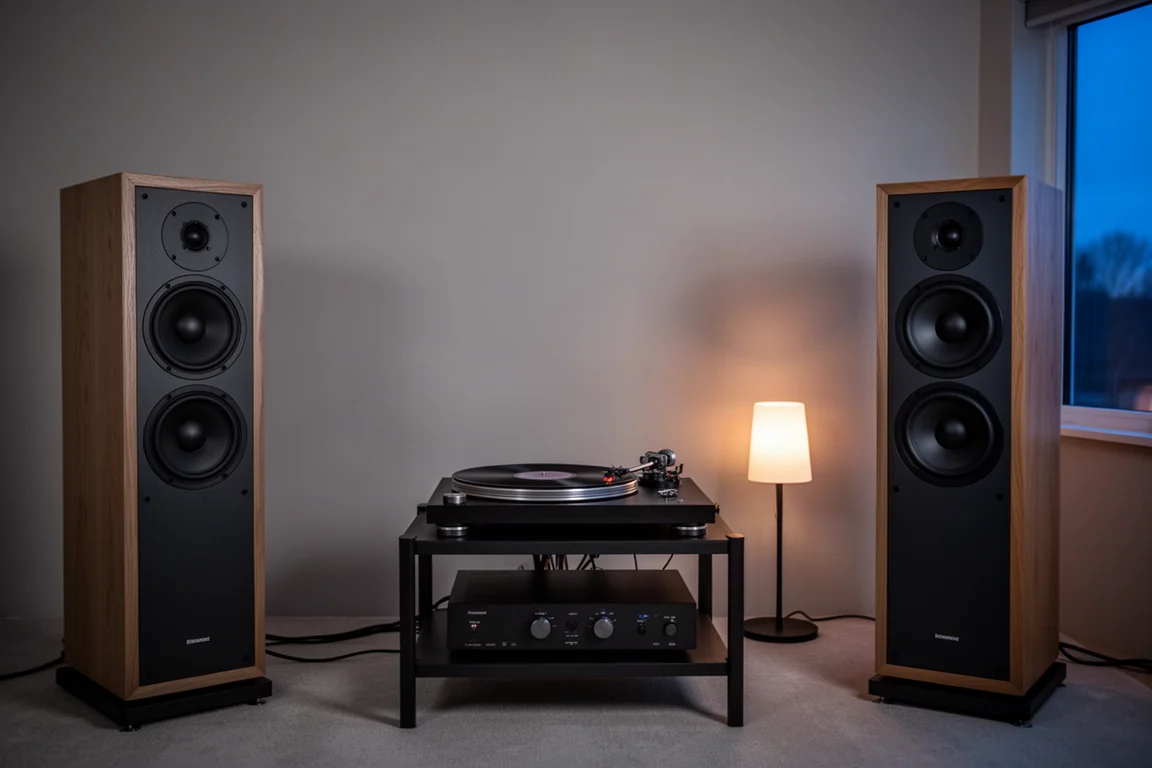 Hörraum in der Abenddämmerung mit Standlautsprechern und einem Plattenspieler, der Vinyl abspielt