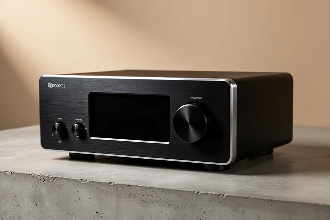 Compact black integrated amplifier with large display and two knobs on a concrete surface