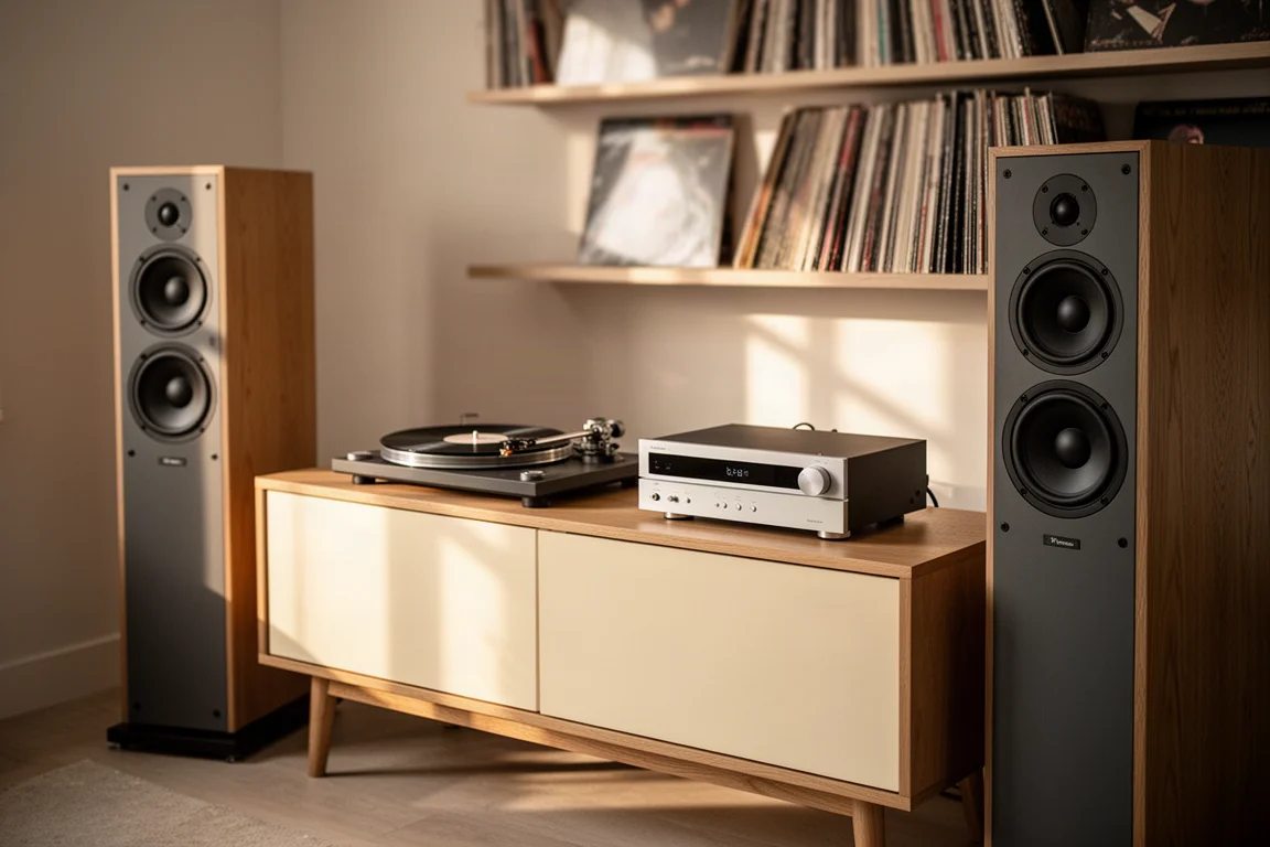 Lyssningsrum med skivspelare, golvhögtalare och vinylskivhylla