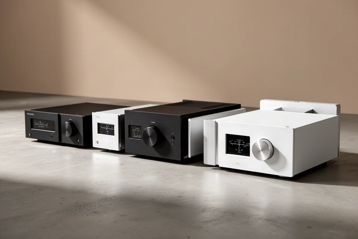 Five minimalist hi-fi integrated amplifiers of increasing size in a row on concrete