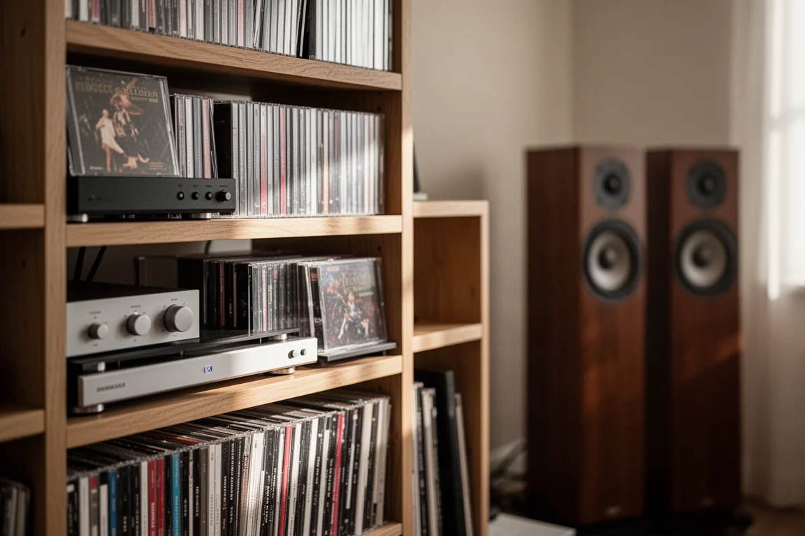 Shelf of CD jewel cases beside a high-end audio rack in a listening room