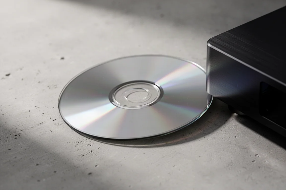 Compact disc resting on concrete beside the edge of a dark audio player