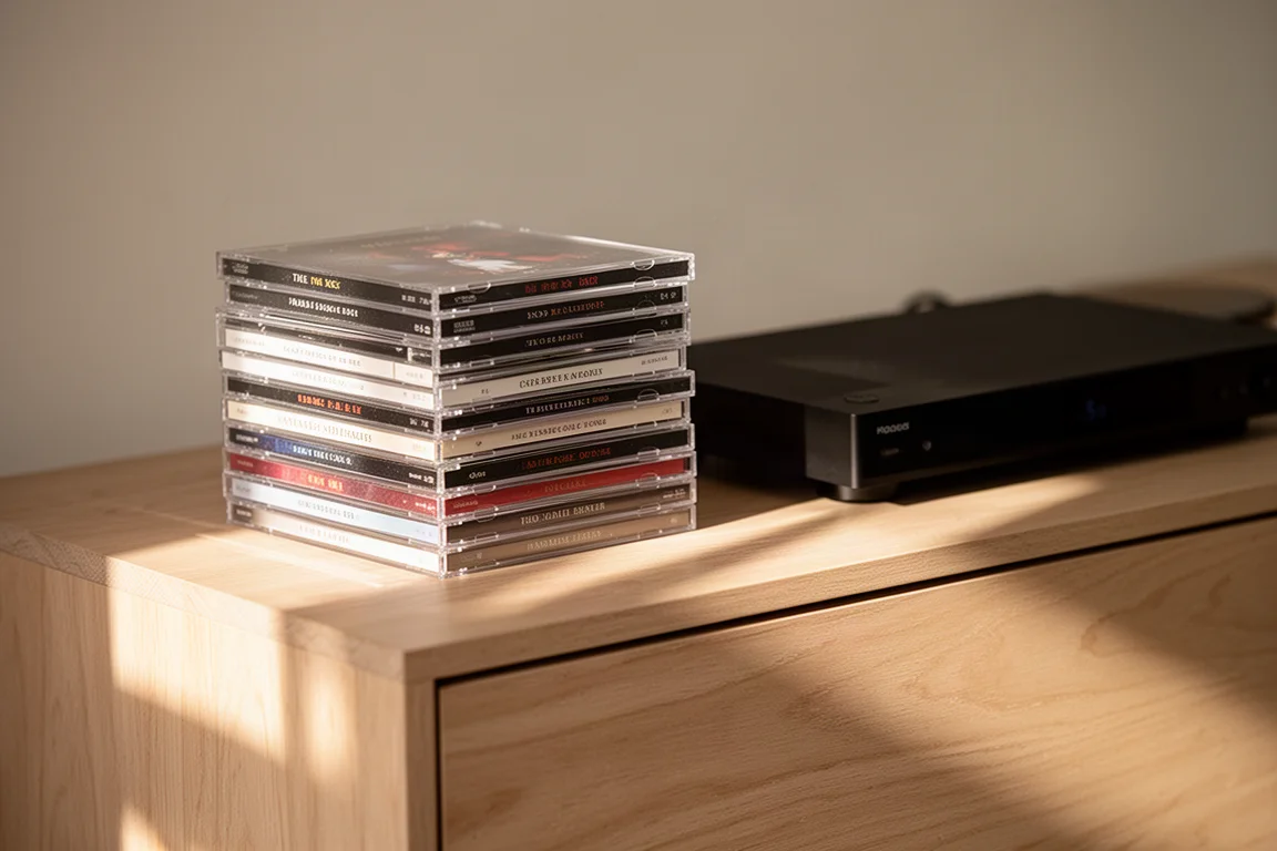 Stack of CD jewel cases on a pale oak sideboard beside a slim black player