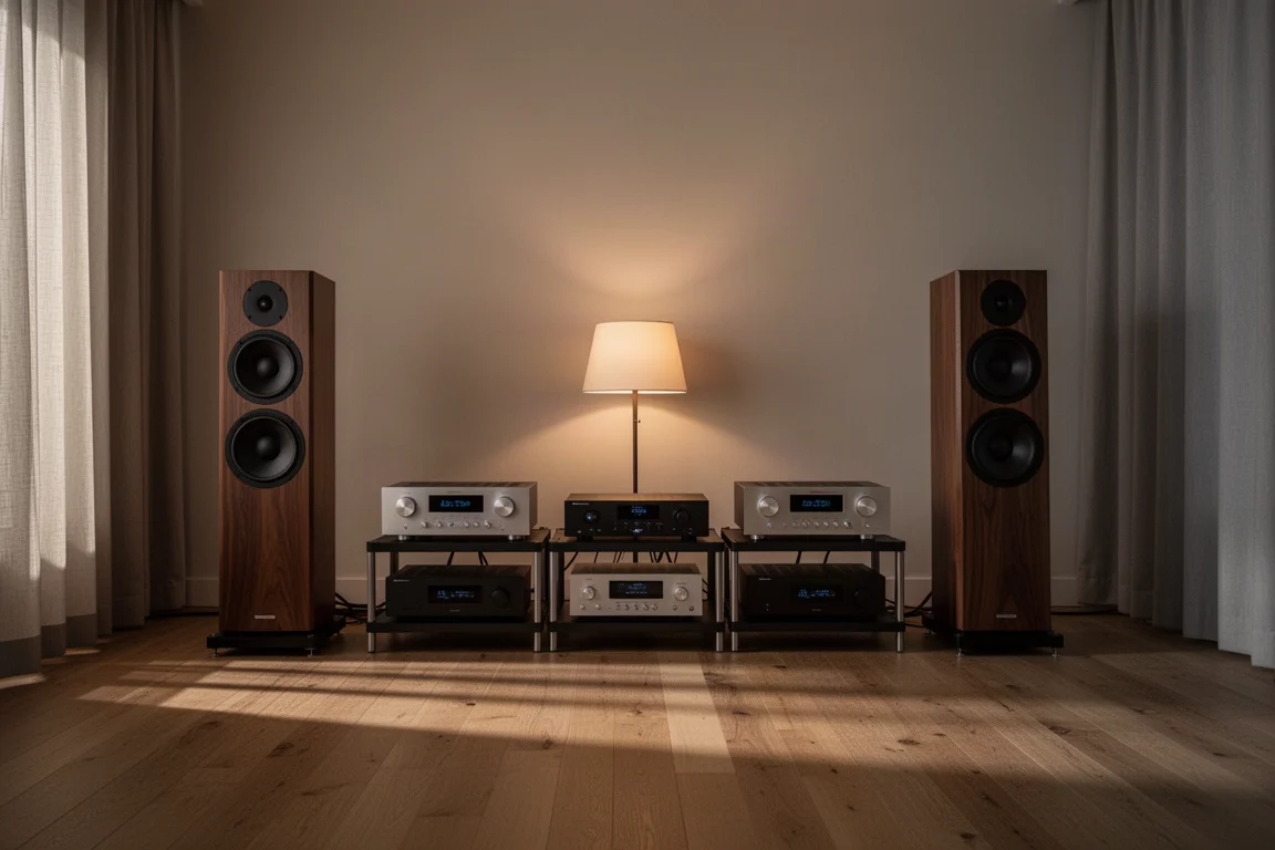 Listening room at dusk with speakers and a low audio rack in warm light