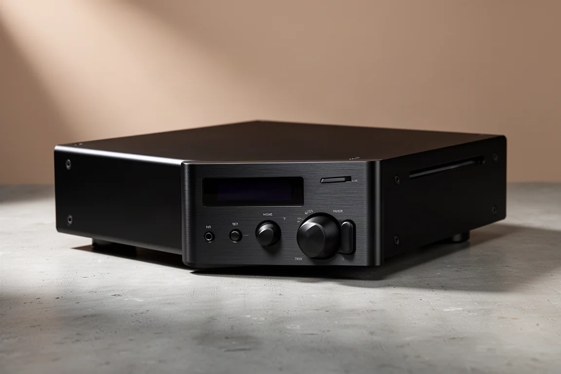 Slim matte black high-end CD player with display, rocker switches and slot loader