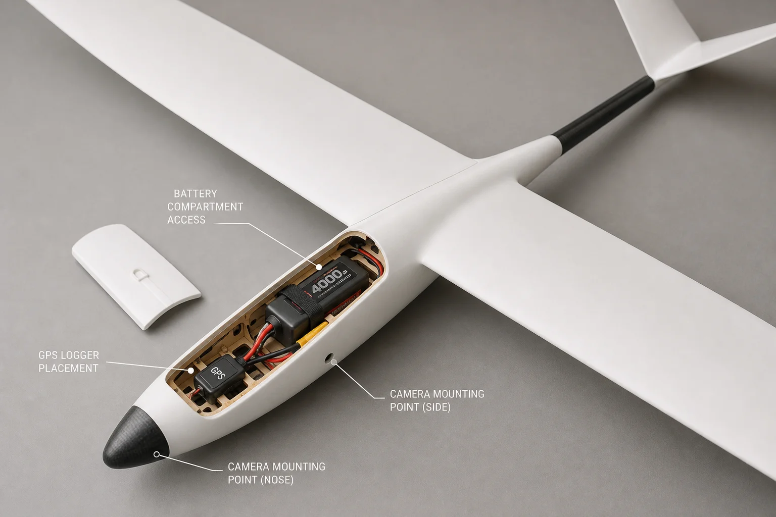 RC glider with onboard camera mount and battery compartment visible