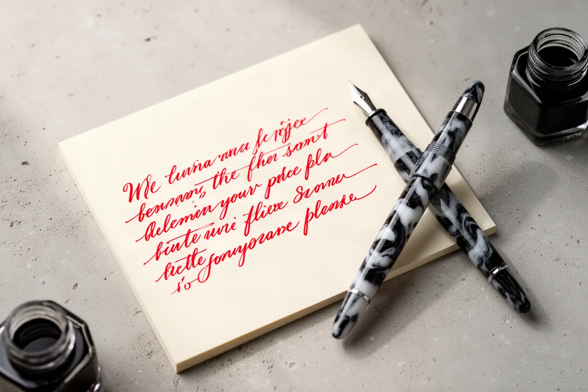 Handschriftliche Probe in leuchtend roter Tinte auf cremefarbenem Papier, daneben ein Füllfederhalter