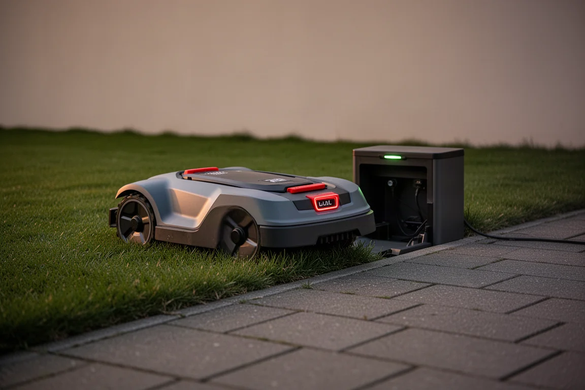 Rasaerba robot che si infila all'indietro nella sua base di ricarica sul bordo del prato