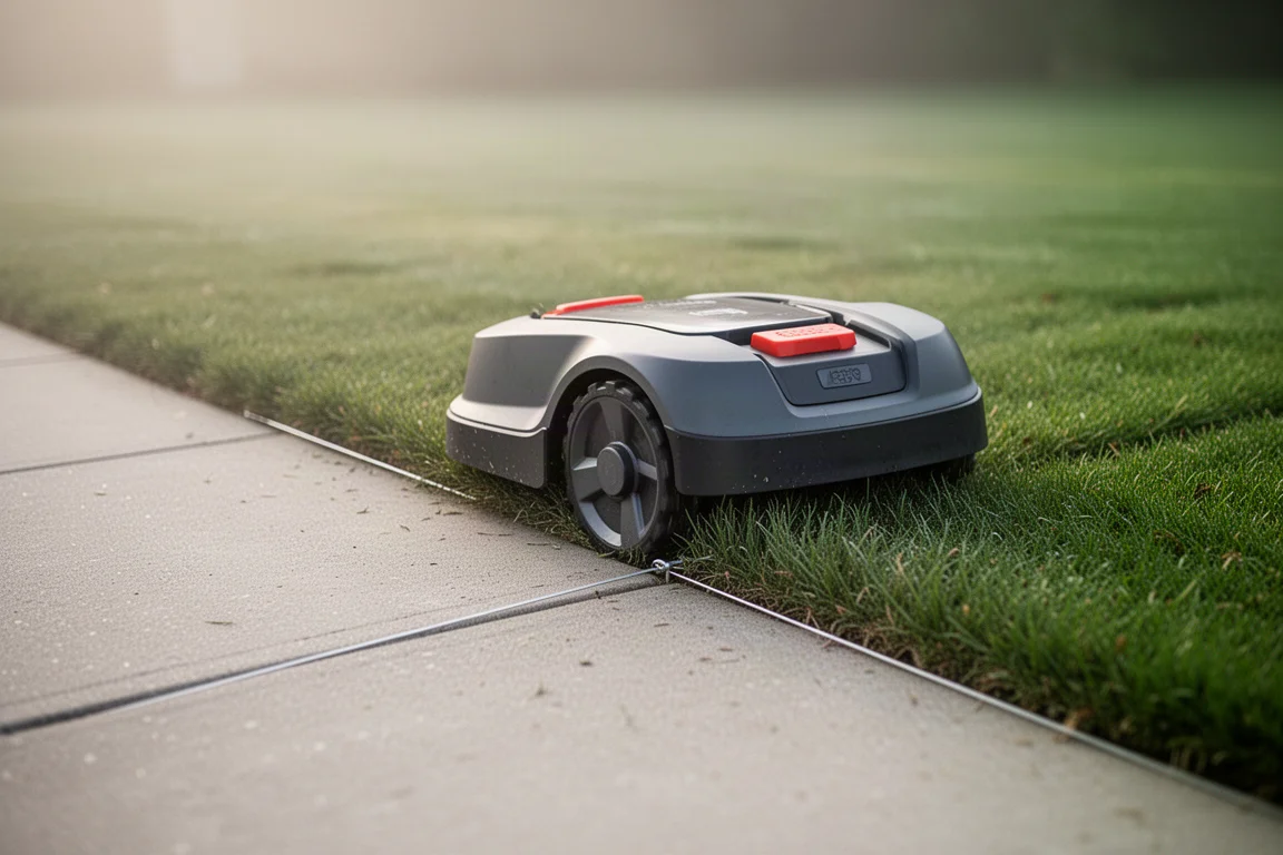 Robot rasaerba che rifinisce con precisione lungo il bordo di un marciapiede in cemento