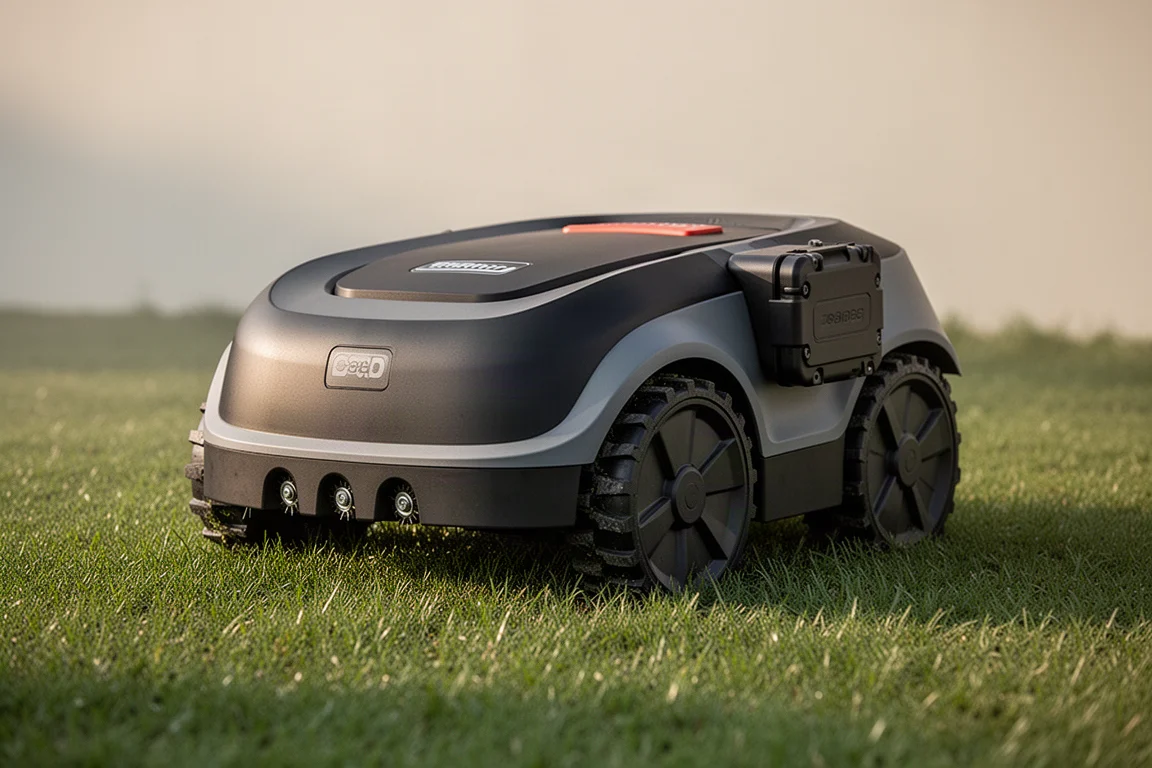 Compact robotic lawn mower with tread wheels on a neatly mowed lawn