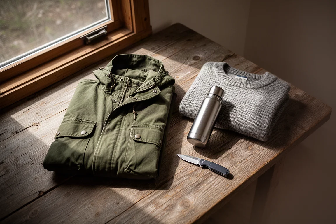 Folded olive canvas anorak with a wool sweater and thermos on a wooden table