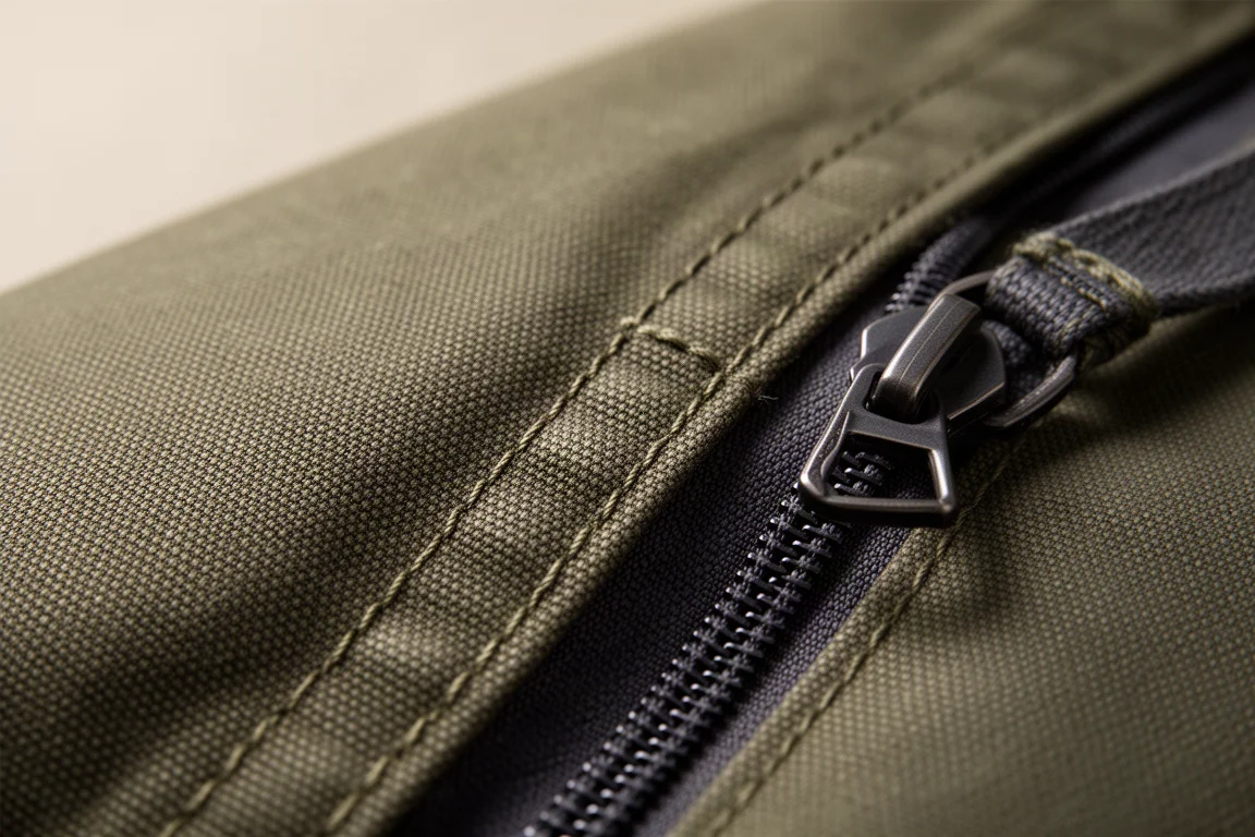 Macro view of olive canvas fabric weave, stitching, and a metal zipper