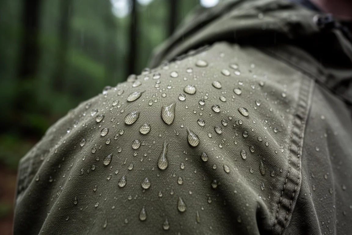 Water droplets beading on olive canvas jacket fabric after light rain