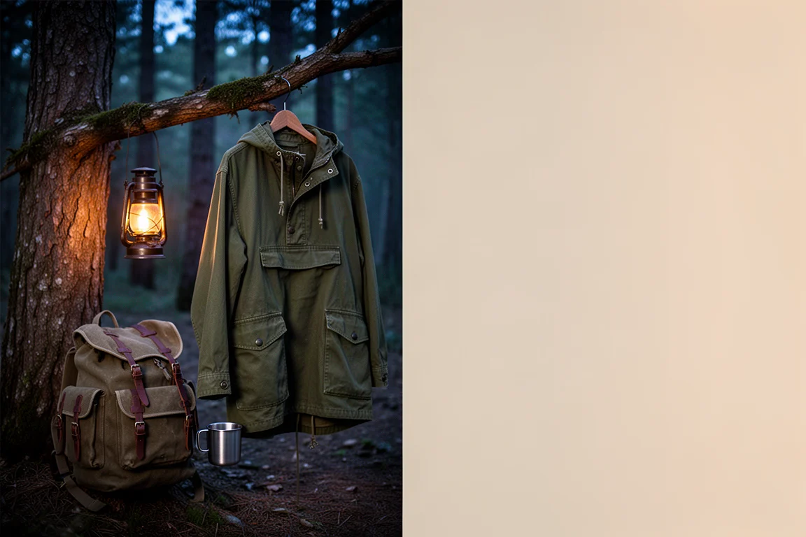 Olive canvas anorak hanging on a tree branch at a dusk woodland camp