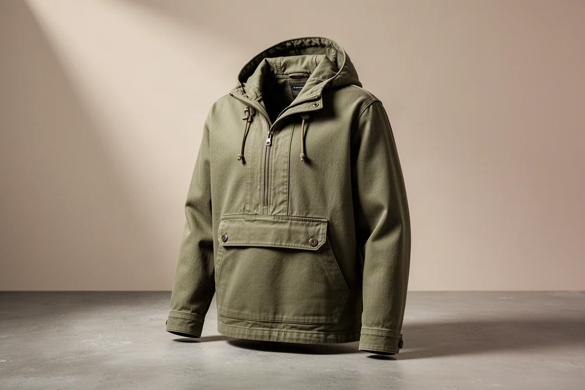 Olive green Helikon-Tex Pilgrim Anorak photographed on a matte concrete surface