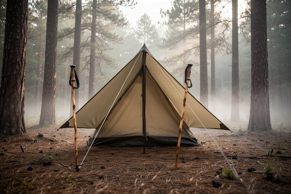 Quadratisches leichtes Tarp im A-Frame-Aufbau auf einer Waldlichtung mit Morgennebel