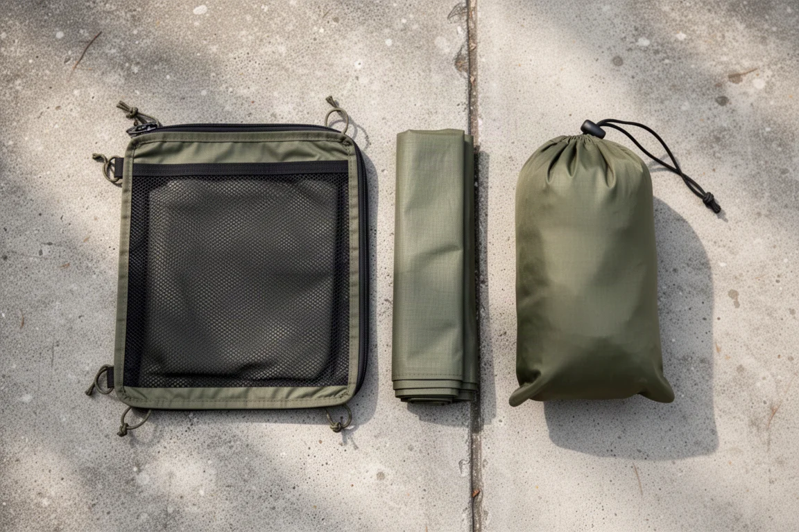 Draufsicht auf zwei Tarp-Aufbewahrungsbeutel, eine Netztasche mit Reißverschluss und ein Stuff Sack