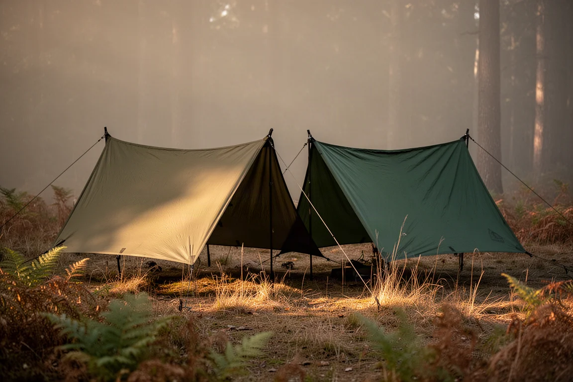 Zwei leichte Camping-Tarps nebeneinander auf einer Waldlichtung zur goldenen Stunde