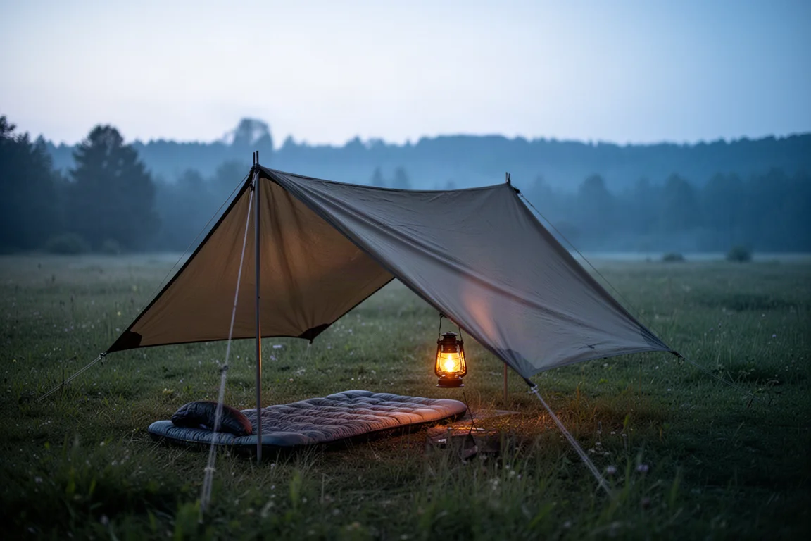 Niedriger Tarp-Unterstand über einer Isomatte auf einer Wiese in der Dämmerung mit kleiner Laterne