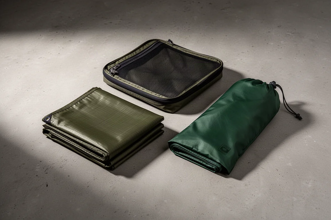 Two folded lightweight camping tarps with their storage bags on a matte concrete surface