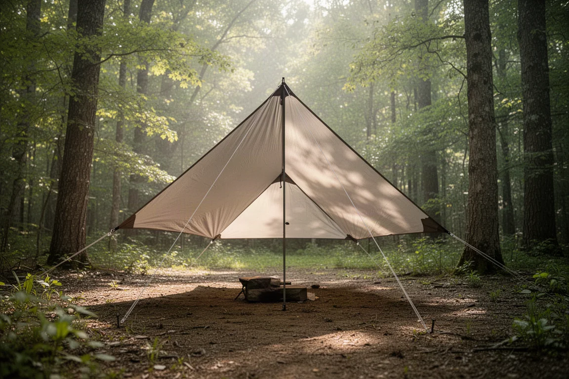 Kwadratowy tarp rozpięty jako schronienie w formie A-frame wśród drzew na letniej leśnej polanie
