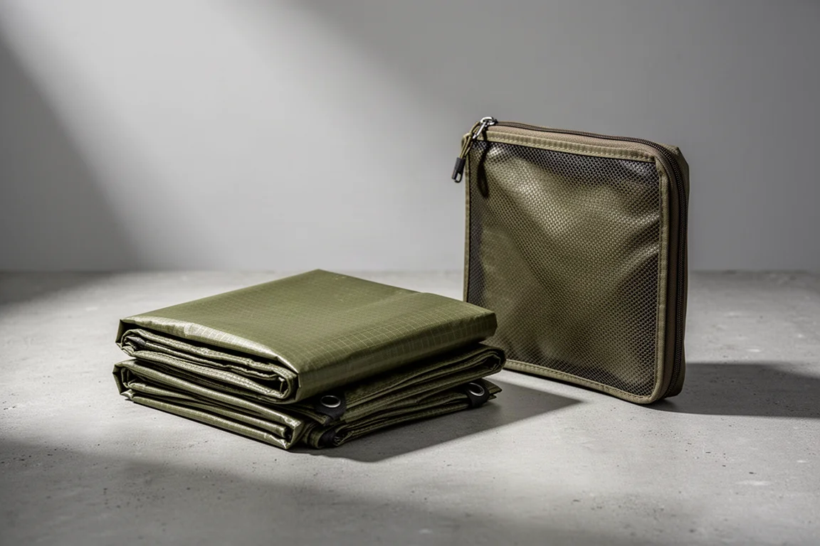 Telone quadrato olive drab piegato accanto a una tasca in mesh con zip su cemento