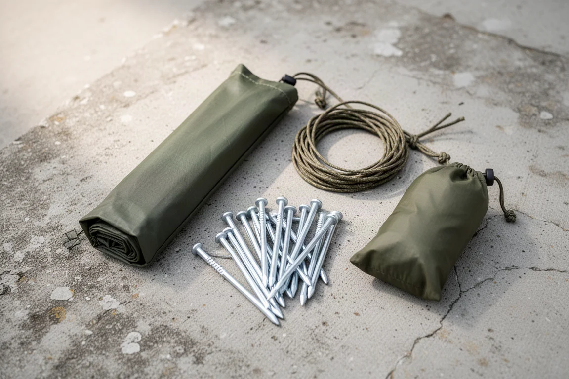 Platt uppläggning av ett packat tarpfodral med lina, pinnar och en liten stuff sack på betong
