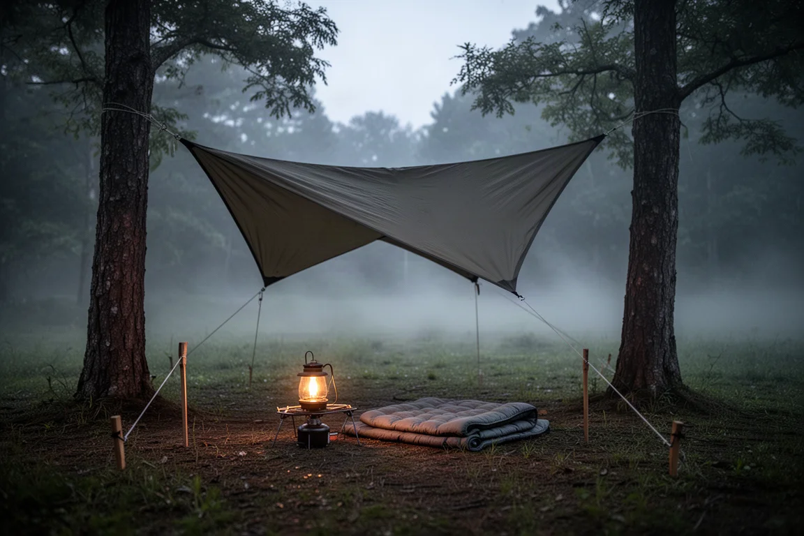 Kvadratisk tarp uppspänd mellan två träd över en skymningscamping med dimma i bakgrunden