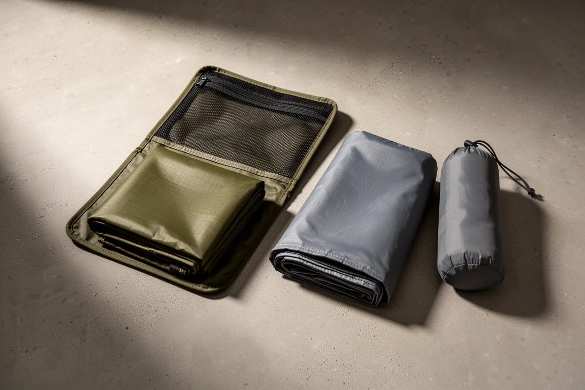 Two folded camping tarps with a mesh-backed pouch and a stuff sack on a concrete surface