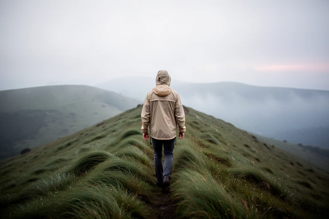 Hiker in a light nylon wind shell walking a windswept ridge at dawn