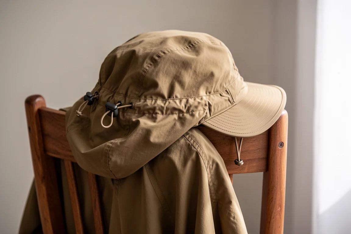 Close-up of hood drawcords and brim on a tan nylon wind shell