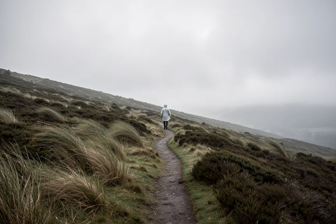 Exposed hillside footpath on a breezy overcast day with grass bent by wind