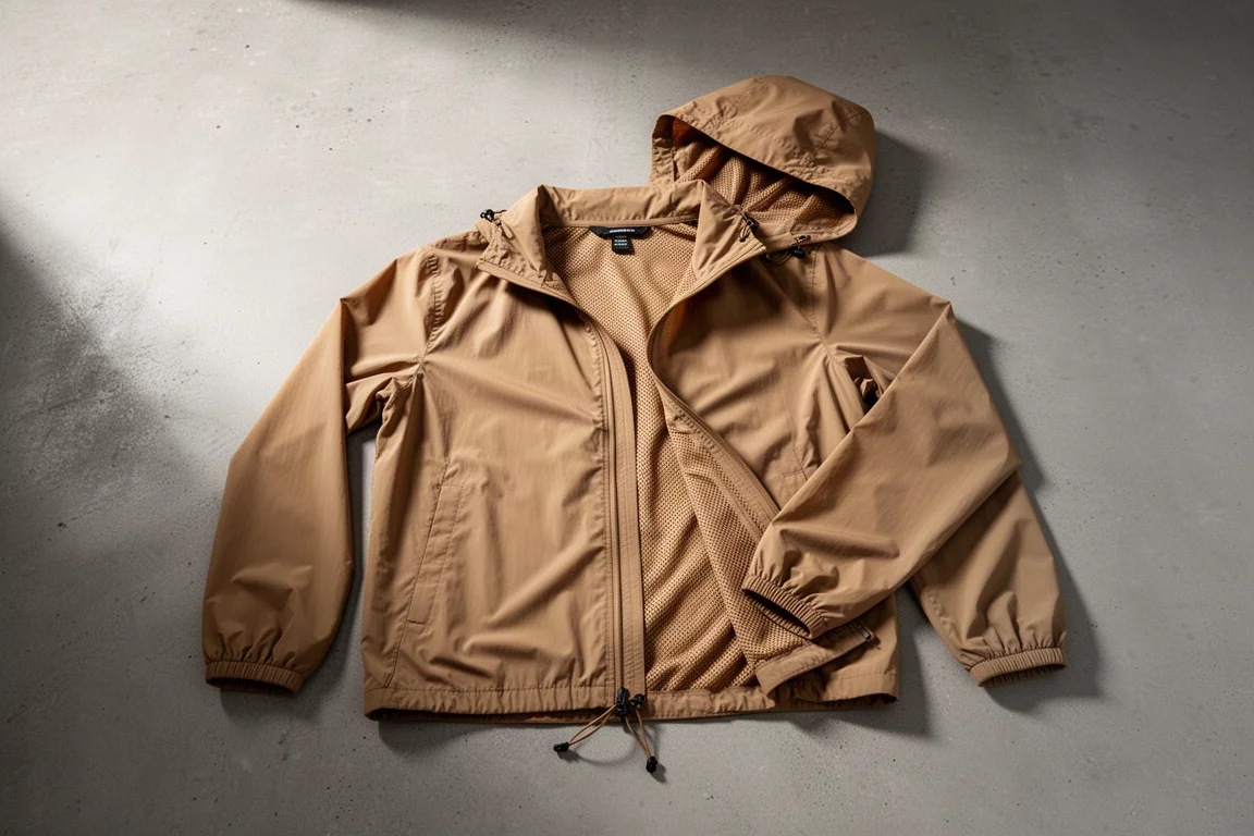 Coyote tan nylon wind anorak laid flat on concrete with hood and zip visible