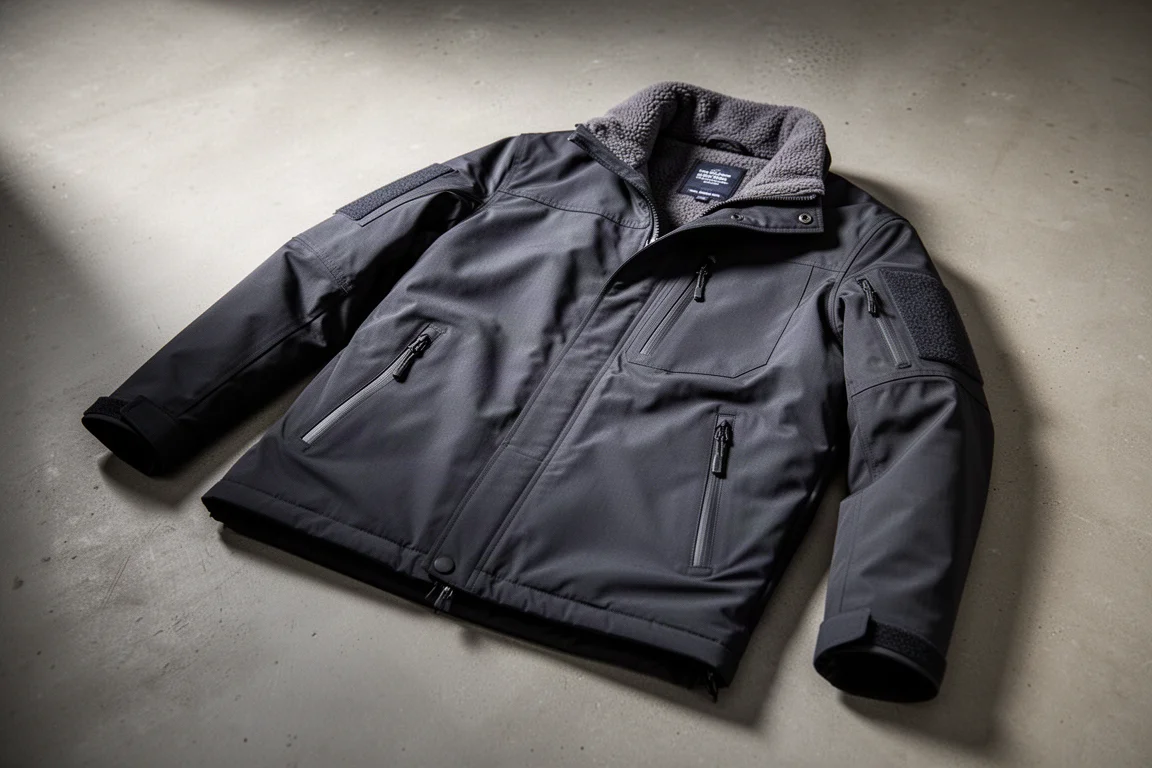 Dark insulated tactical-style jacket laid flat on a concrete surface with visible zippered pockets