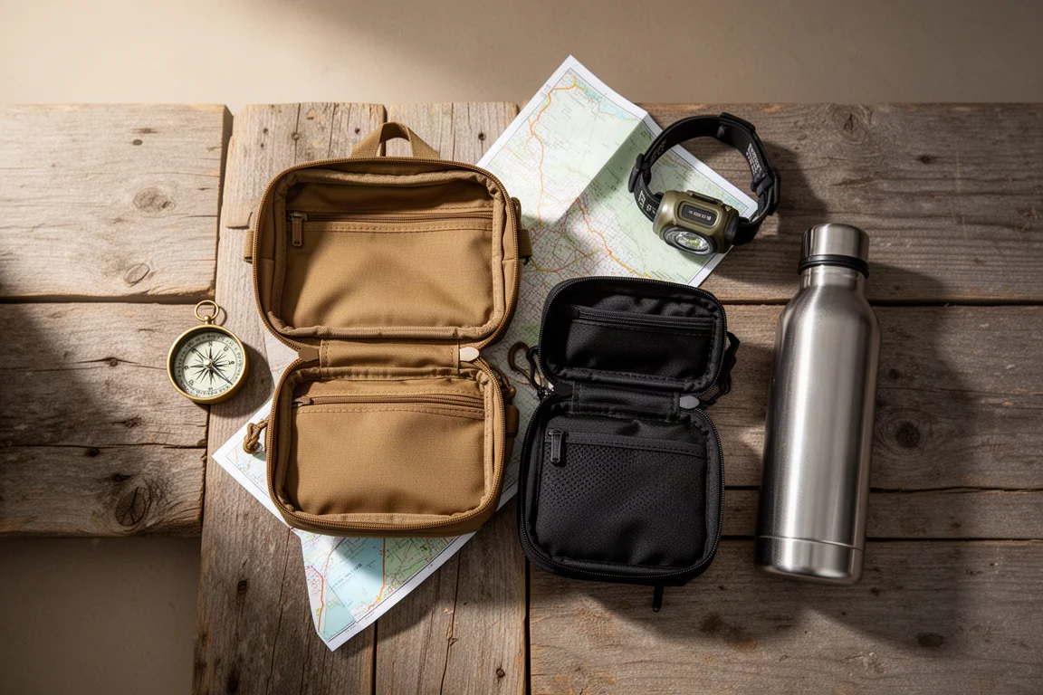 Flache Ansicht von zwei offenen Chest-Rig-Taschen mit Kompass, Karte, Stirnlampe und Wasserflasche auf Holz