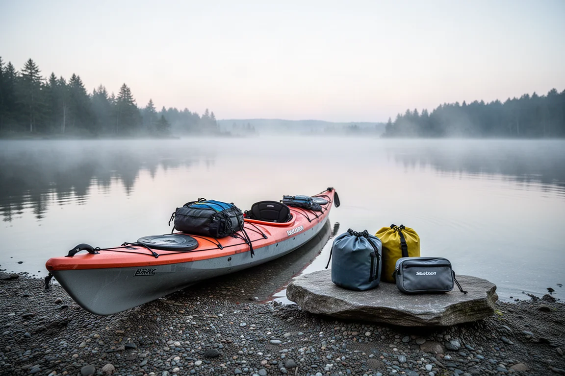 Kajak an einem Kiesufer am See im Morgengrauen mit Dry Bags und einer Tasche auf einem Stein