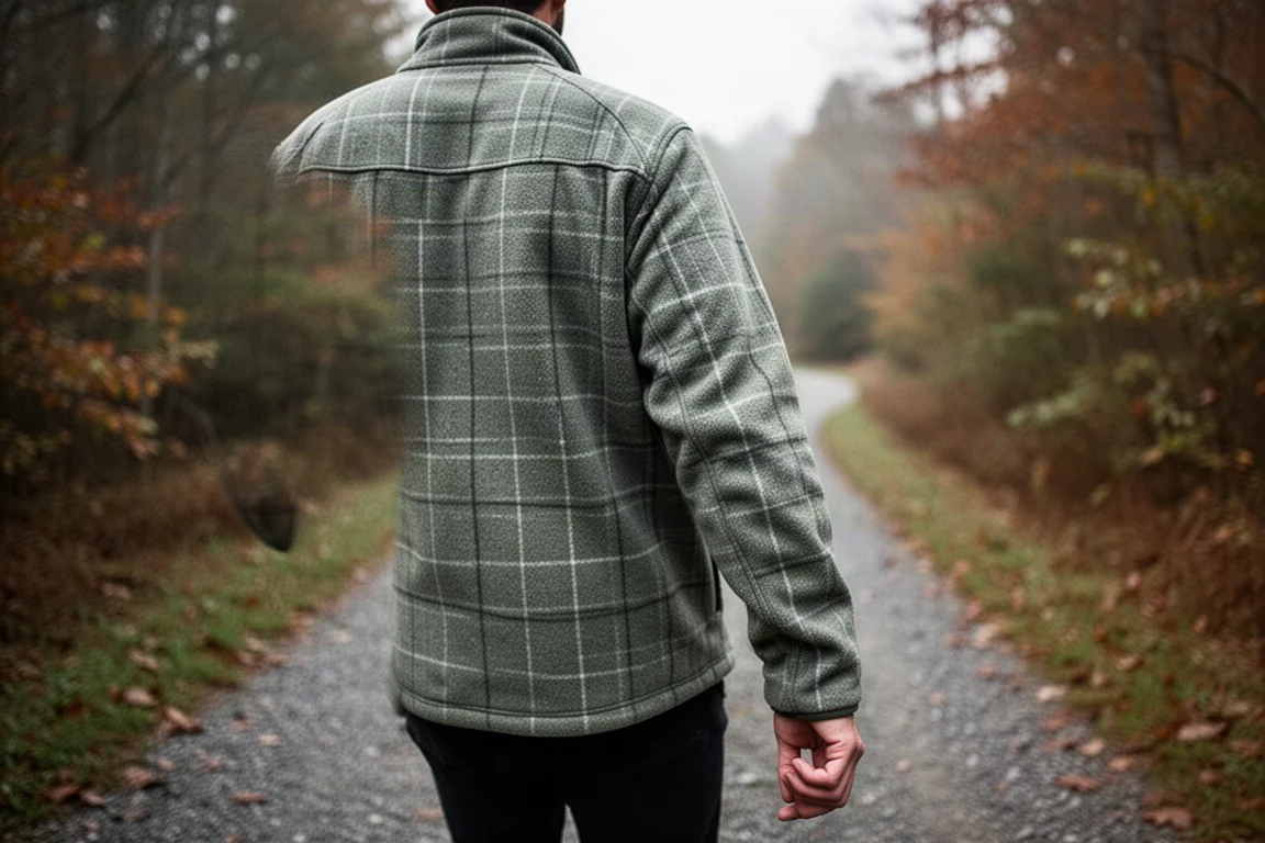 Person in einer Grid-Fleece-Jacke beim Gehen auf einem kühlen Herbstweg, von hinten gesehen