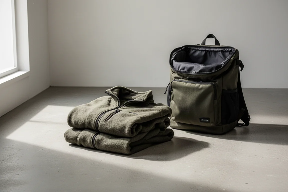 Gefaltete Fleece-Jacke neben einem offenen Rucksack auf einer Betonfläche