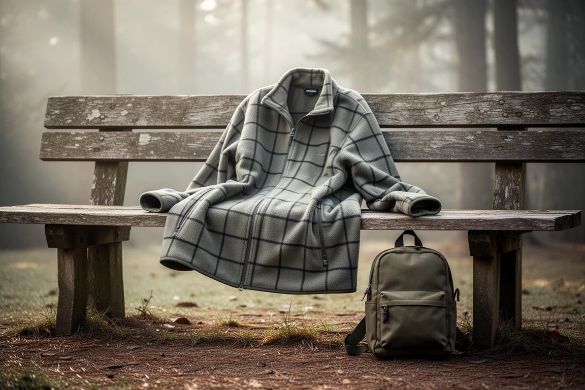 Fleece-Jacke über einer Holzbank neben einem Tagesrucksack im Morgenlicht