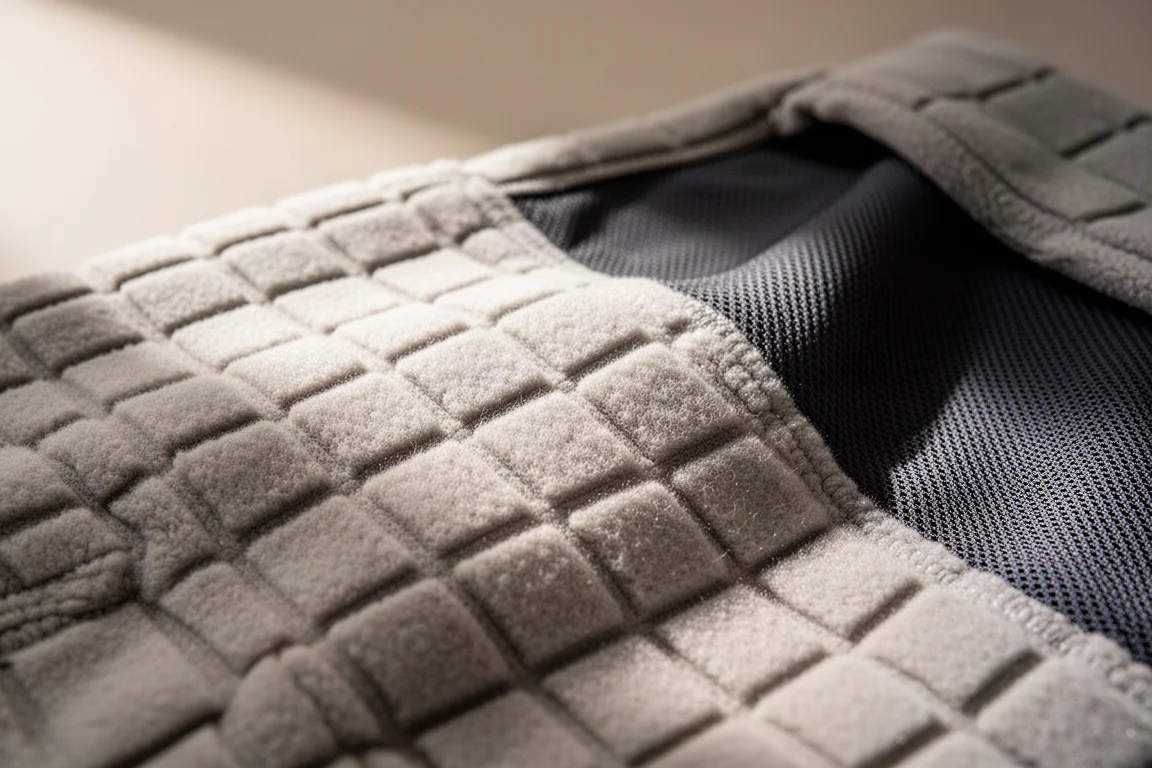 Close-up van de textuur van grid fleece stof met een gladde ritsband die in beeld komt