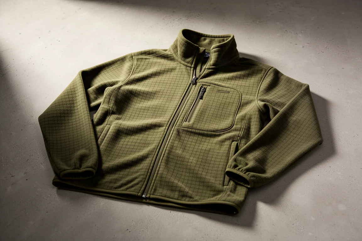 Olive grid fleece tactical jacket with stand collar on a neutral grey backdrop