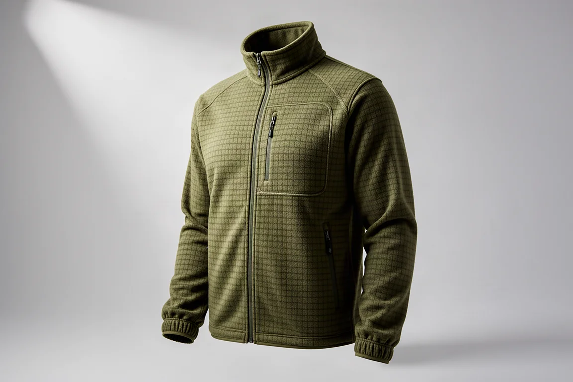 Giacca tattica in grid fleece verde oliva su una superficie in cemento che mostra la texture del tessuto