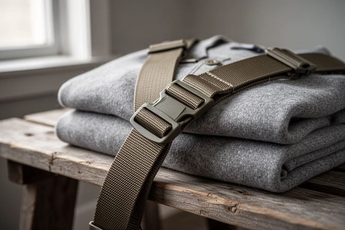 Close-up van een robuuste webbing harnasband en gesp op een opgevouwen wollen trui