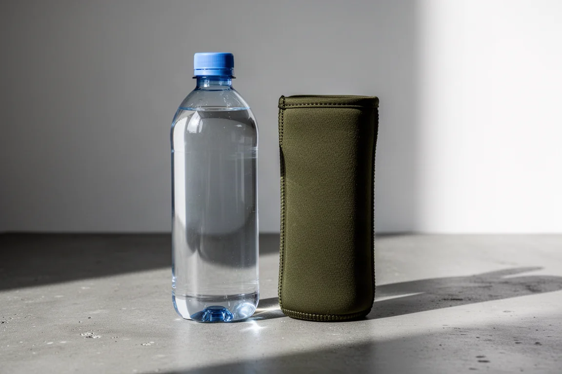 Waterfles van één liter naast een smalle stoffen fleshouder op een betonnen ondergrond