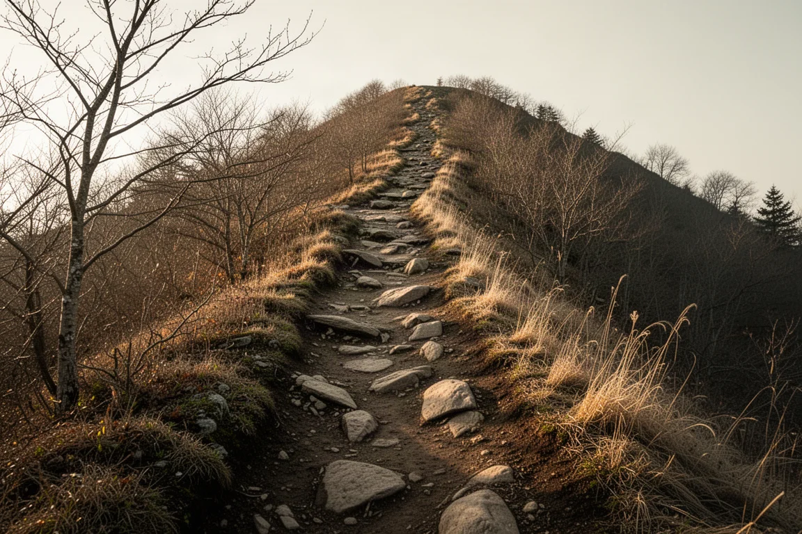 Steil rotsachtig wandelpad dat in het late middaglicht omhoog slingert langs een beboste bergkam