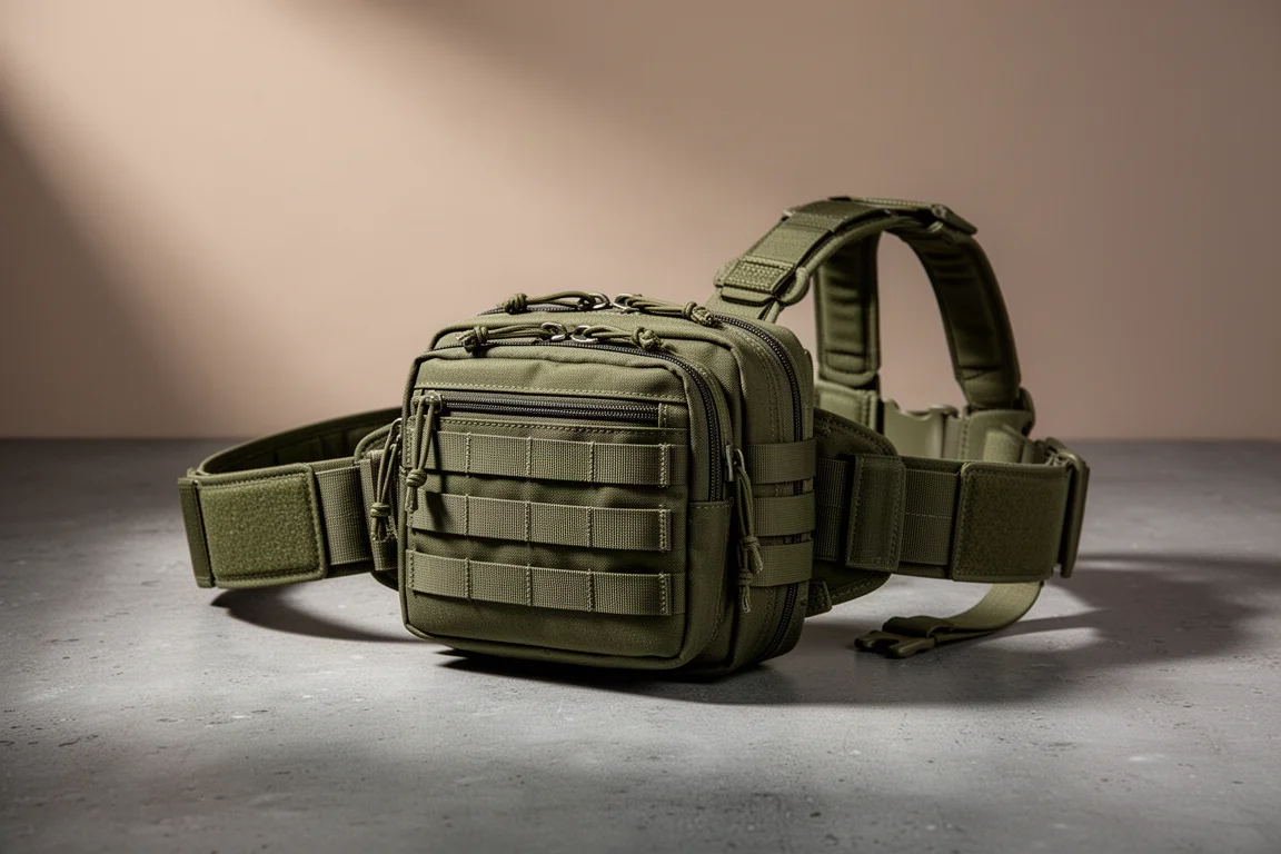 Compact olive tactical lumbar belt pouch with waist belt and H-harness on a concrete surface