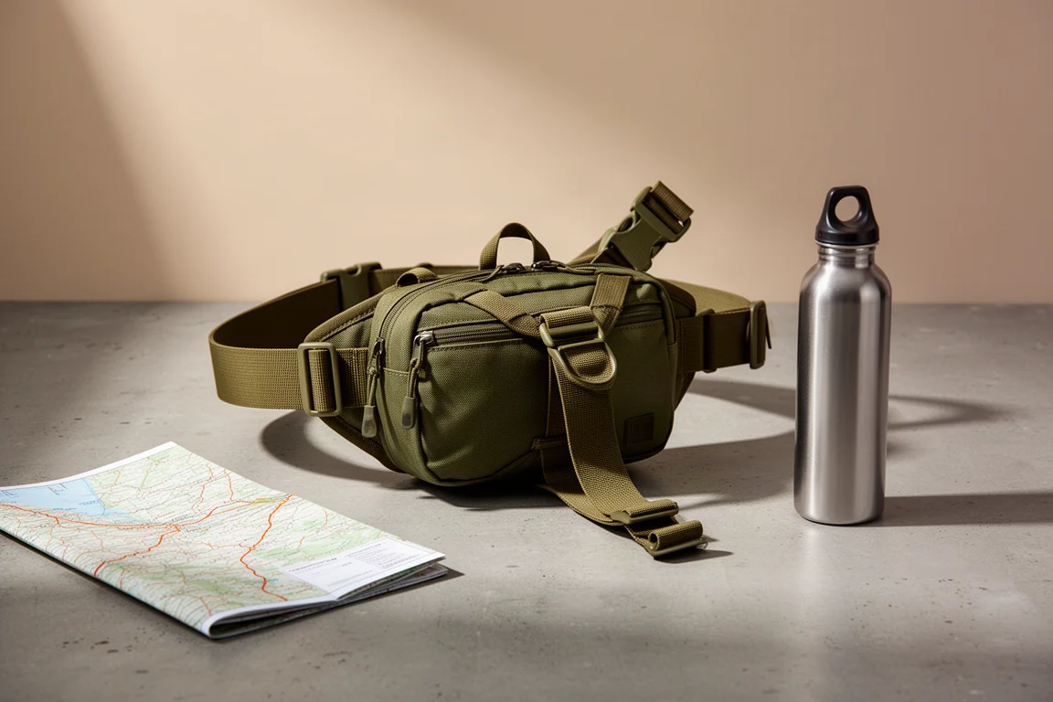 Olive green lumbar belt bag with harness on a concrete surface beside a map and water bottle